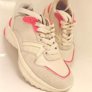 Coach Women's Cream and Pink accent Sneakers. Leather and suede.